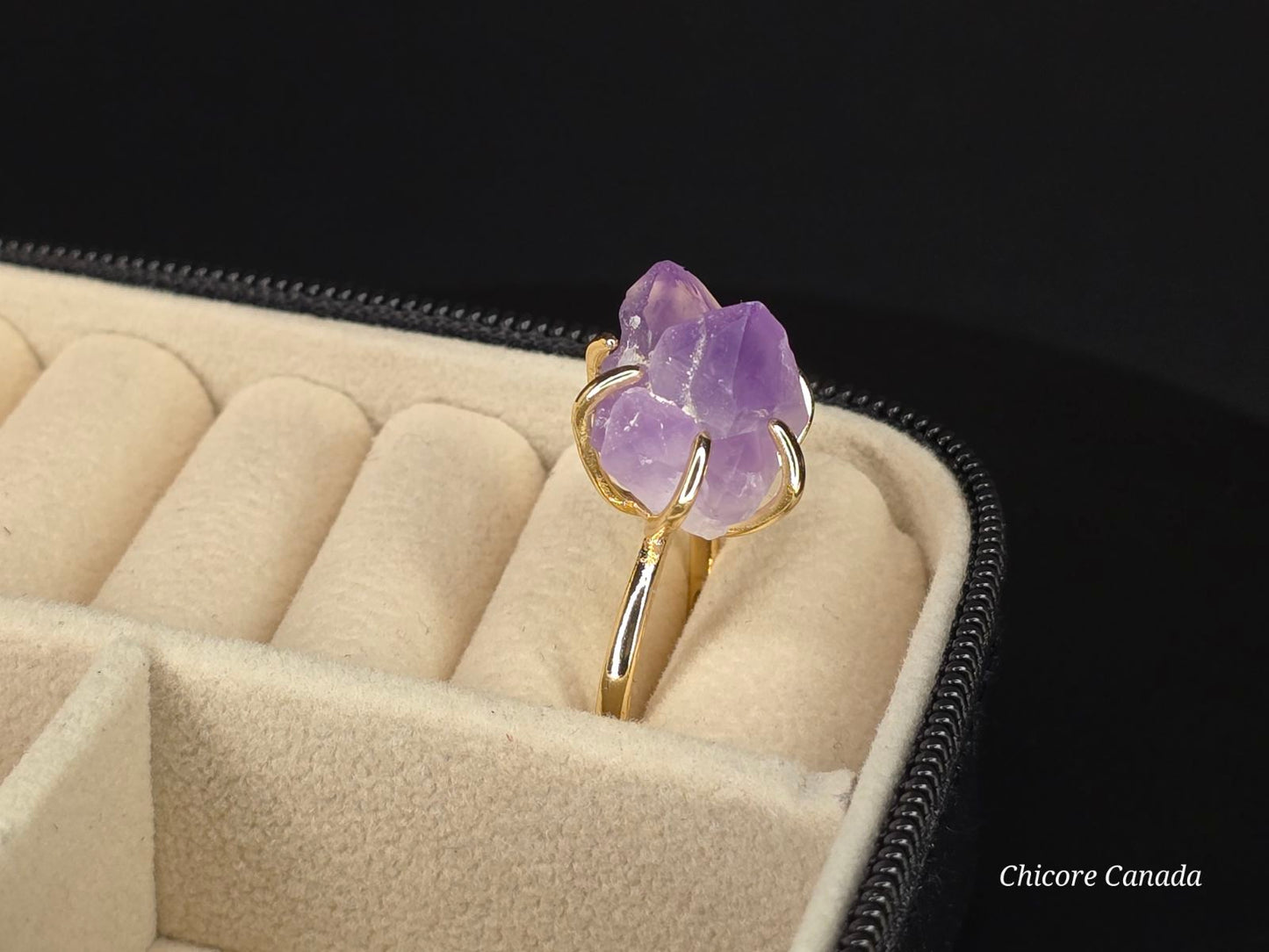Bague élégante ajustable en améthyste fabriquée à la main