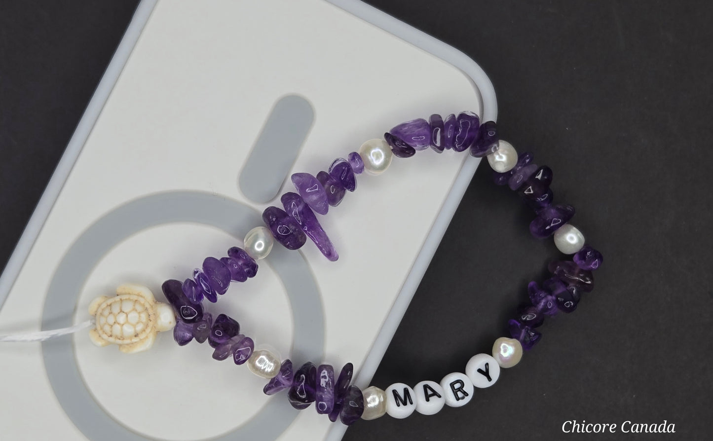 Regal Harmony: Handmade Amethyst & Freshwater Pearls Elastic Phone Strap