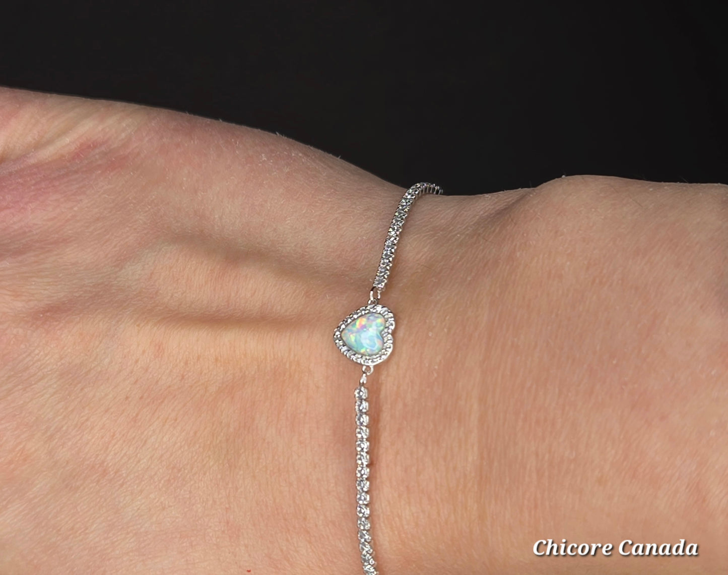 Adjustable Sterling Silver Heart-Shaped Opal Bracelet with Cubic Zirconia – Delicate Elegance & Love