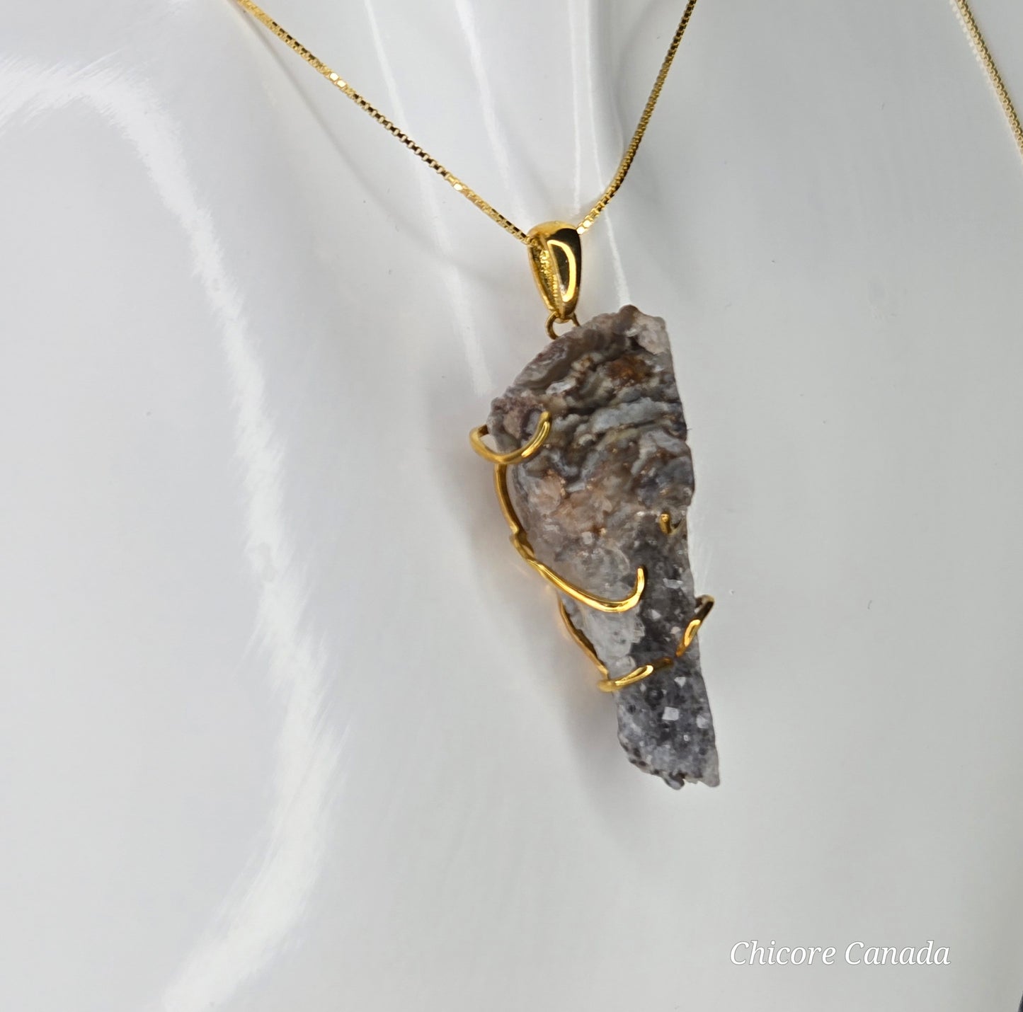 Elegant Agate Geode Pendant in Gold Finish with Adjustable Sterling Silver Necklace