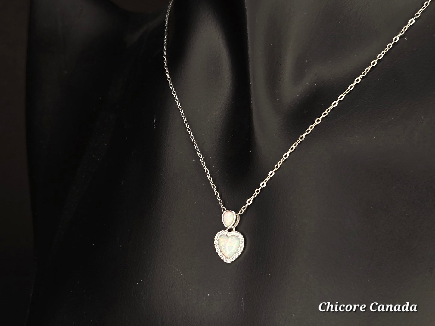 Ethereal Sterling Silver Heart-Shaped Opal Pendant with Adjustable Necklace