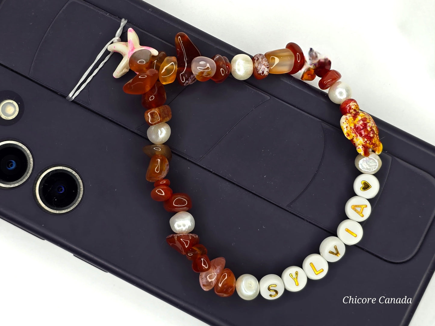 Custom Carnelian Phone Strap – Personalized Name Charm with Starfish Accent