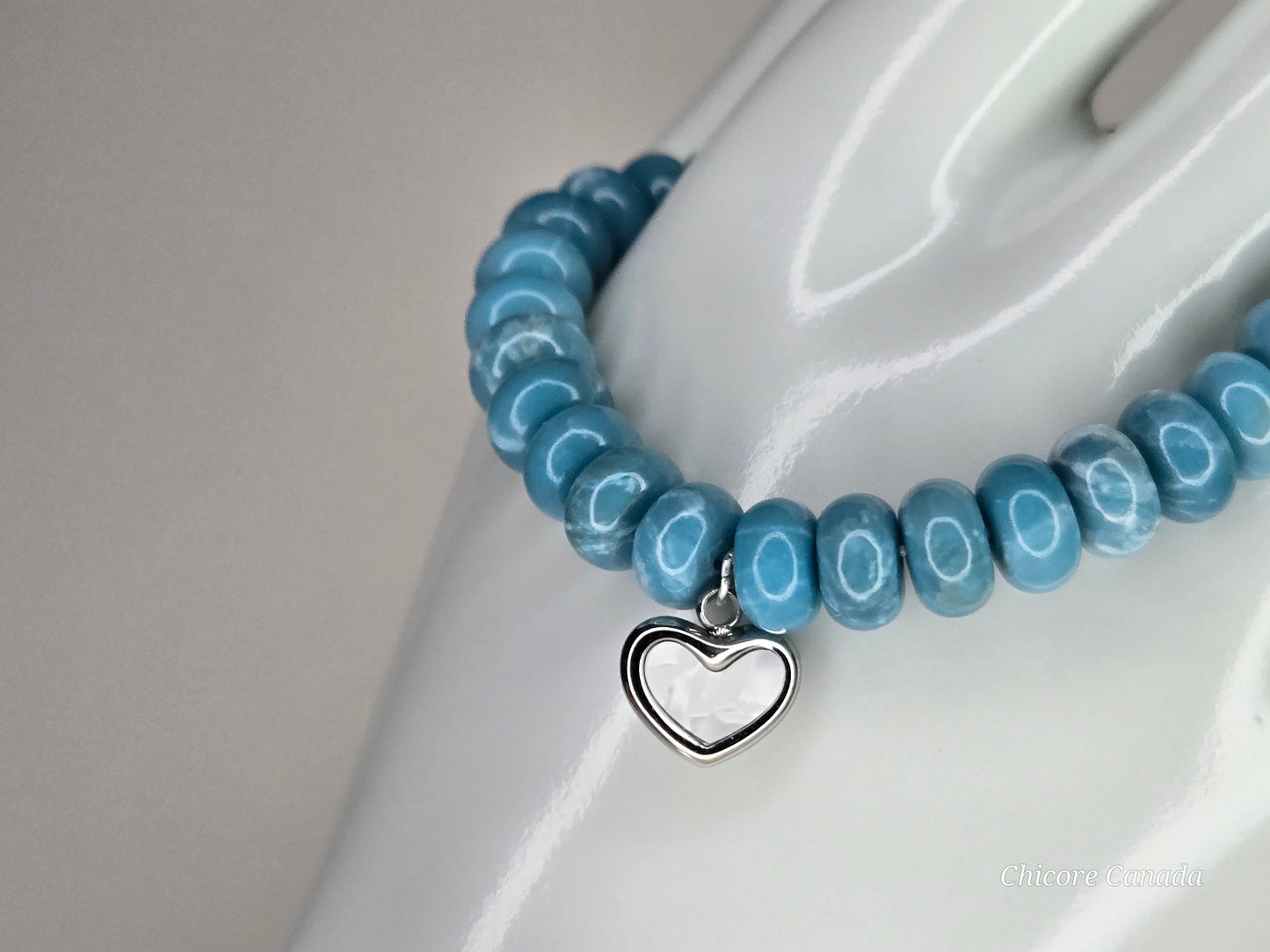 AAA Larimar Bracelet with Stainless Steel Heart Charm – Handmade Elegance