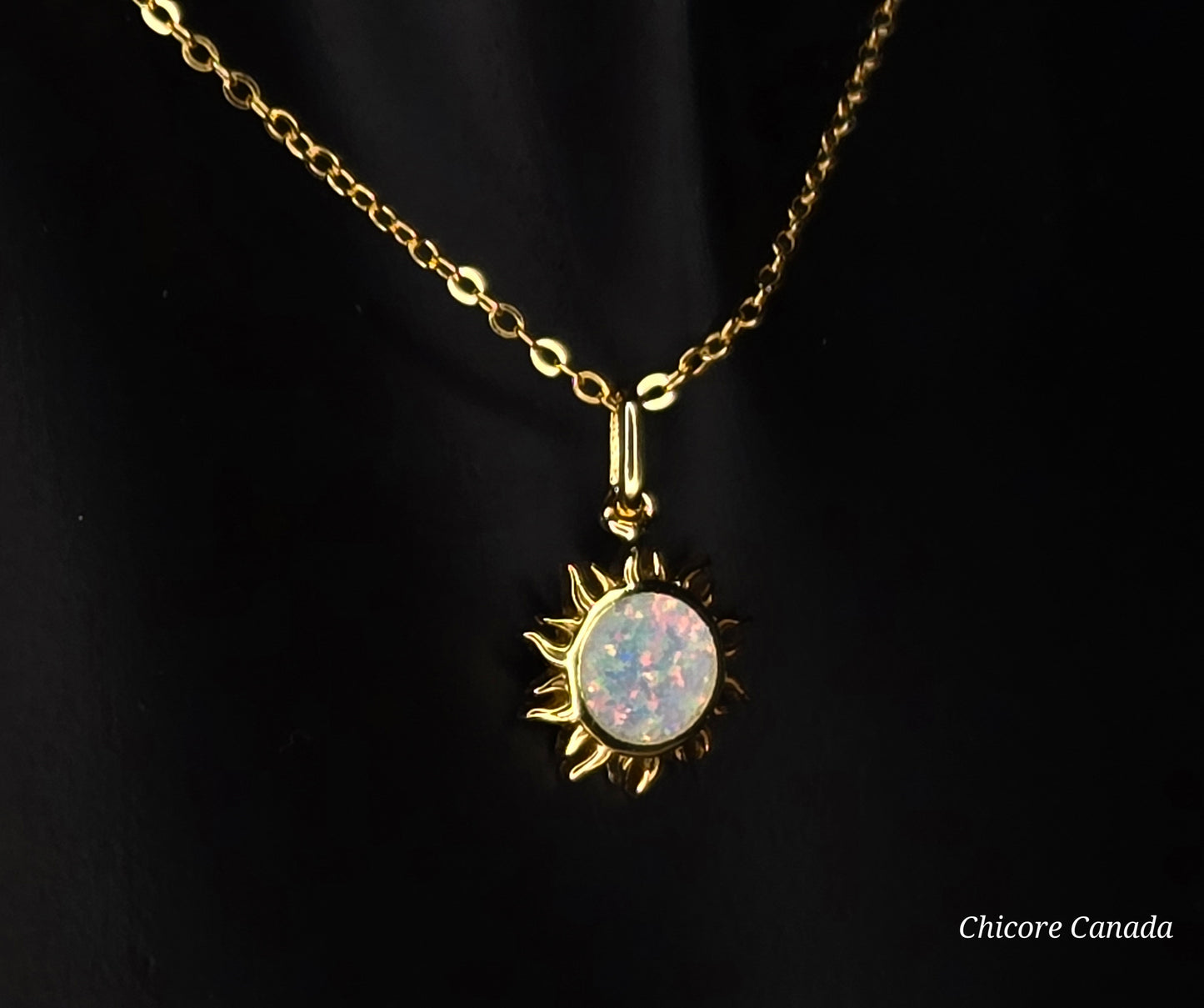 Radiant Glow: 925 Sterling Silver Dainty Opal Sun Pendant with Adjustable Necklace
