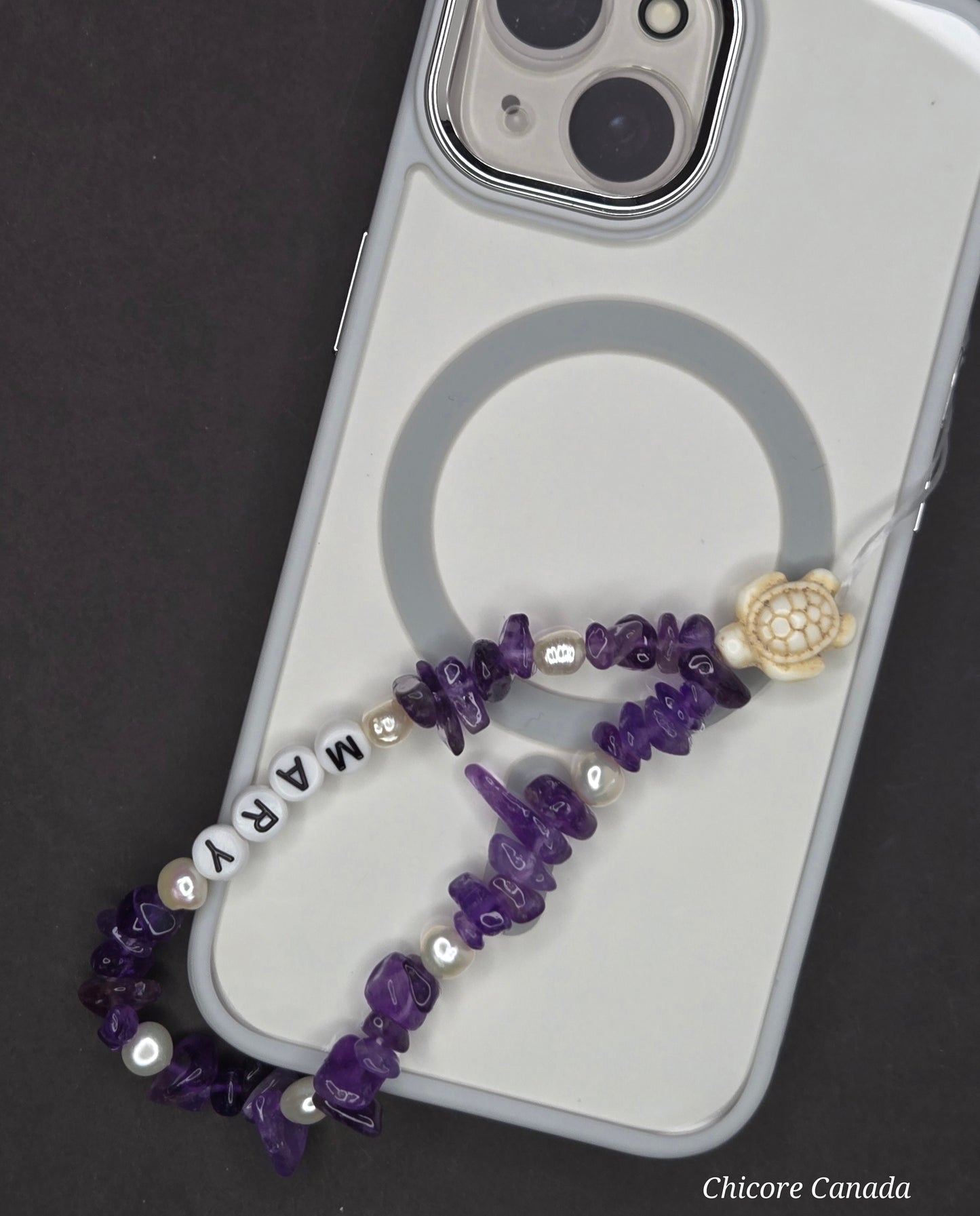 Regal Harmony: Handmade Amethyst & Freshwater Pearls Elastic Phone Strap