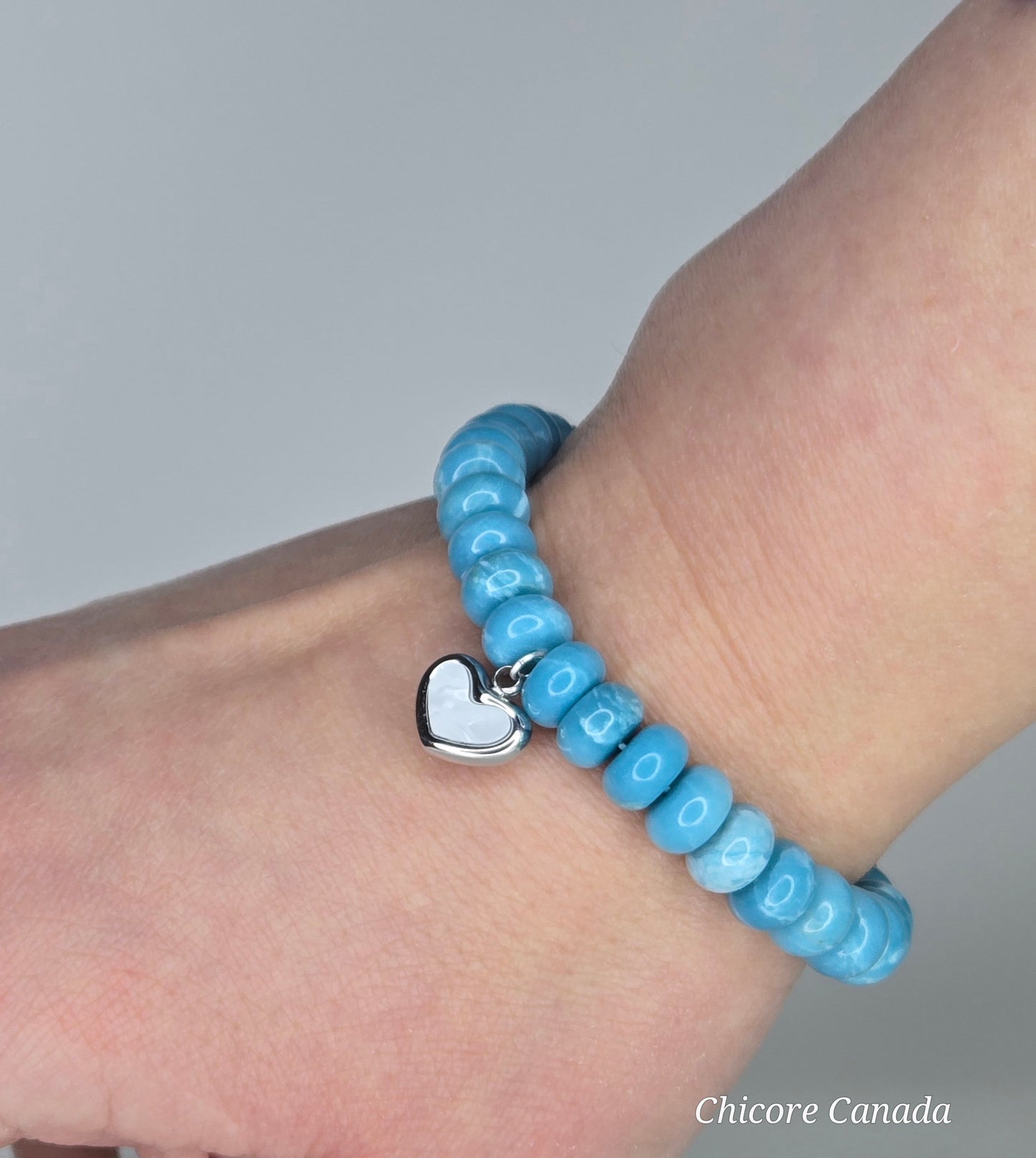 AAA Larimar Bracelet with Stainless Steel Heart Charm – Handmade Elegance