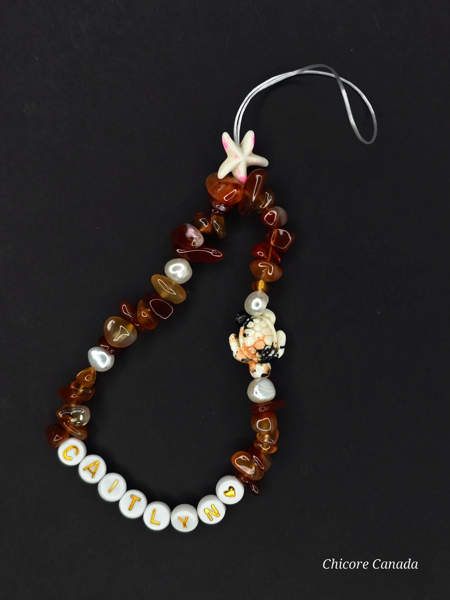 Custom Carnelian Phone Strap – Personalized Name Charm with Starfish Accent