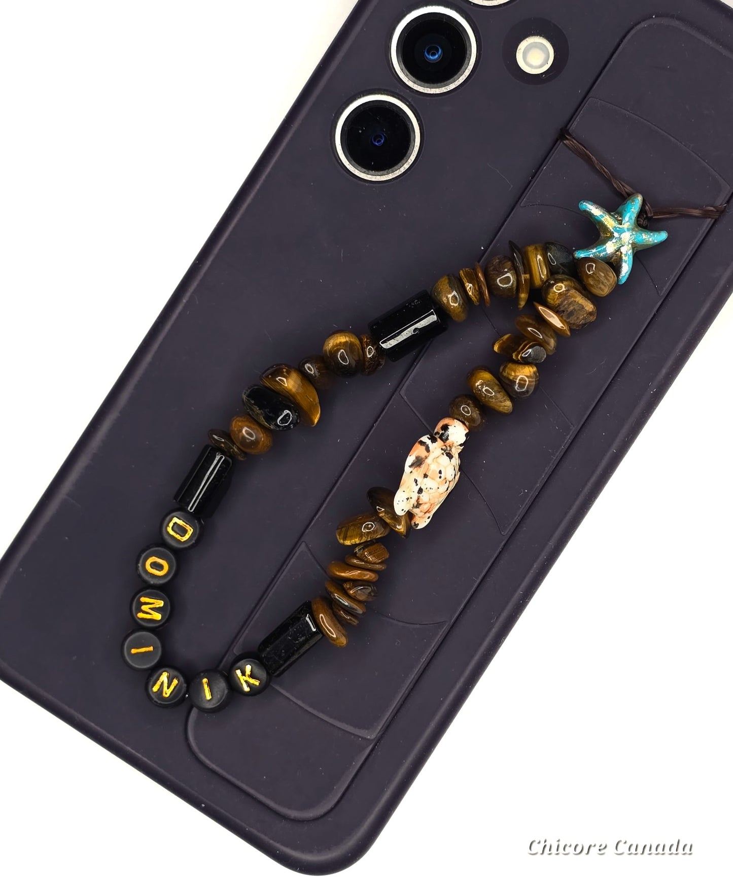 Custom Tiger’s Eye Phone Strap – Personalized Name Charm with Starfish Accent