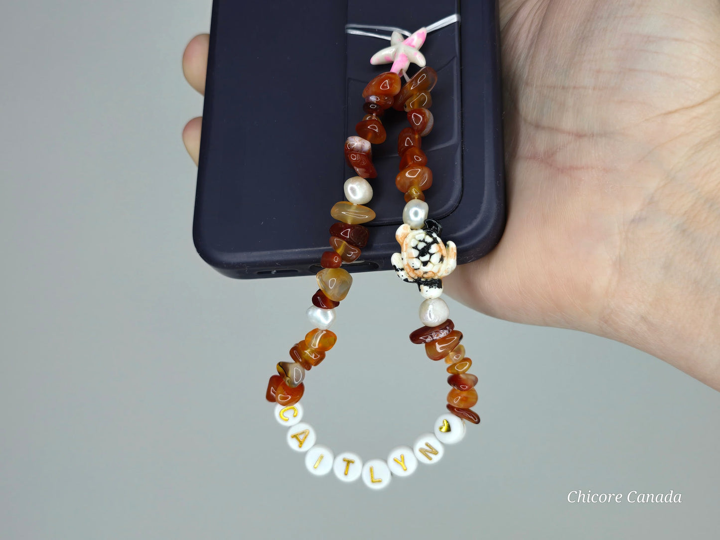 Custom Carnelian Phone Strap – Personalized Name Charm with Starfish Accent