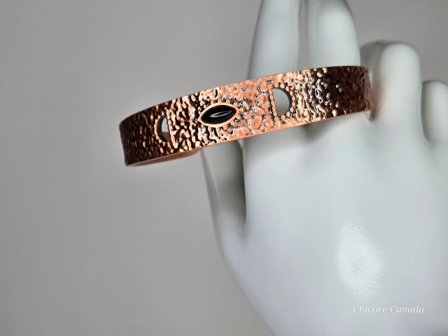 Elegant Hammered Adjustable Copper Cuff with Black Onyx & Magnetic Healing Accents