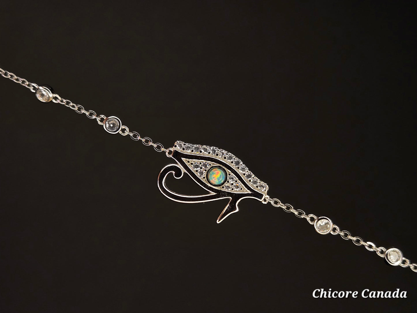 Sterling Silver Adjustable Eye of Horus Ring with Opal & White Cubic Zirconia – A Symbol of Protection & Wisdom