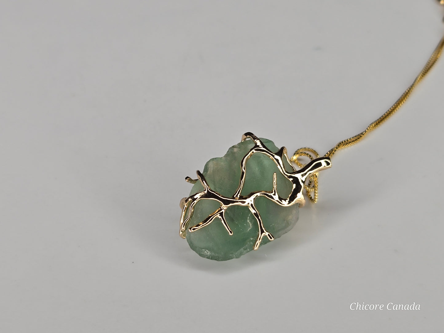 Exquisite Handmade Raw Fluorite Pendant on 925 Sterling Silver Adjustable Necklace