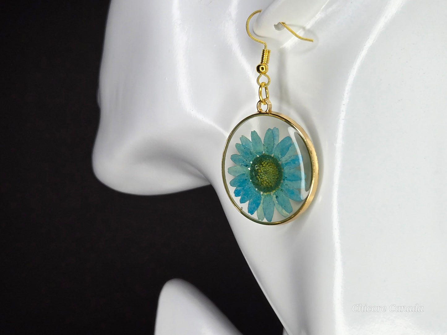 Elegant Resin Drop Earrings with Real Blue Flowers