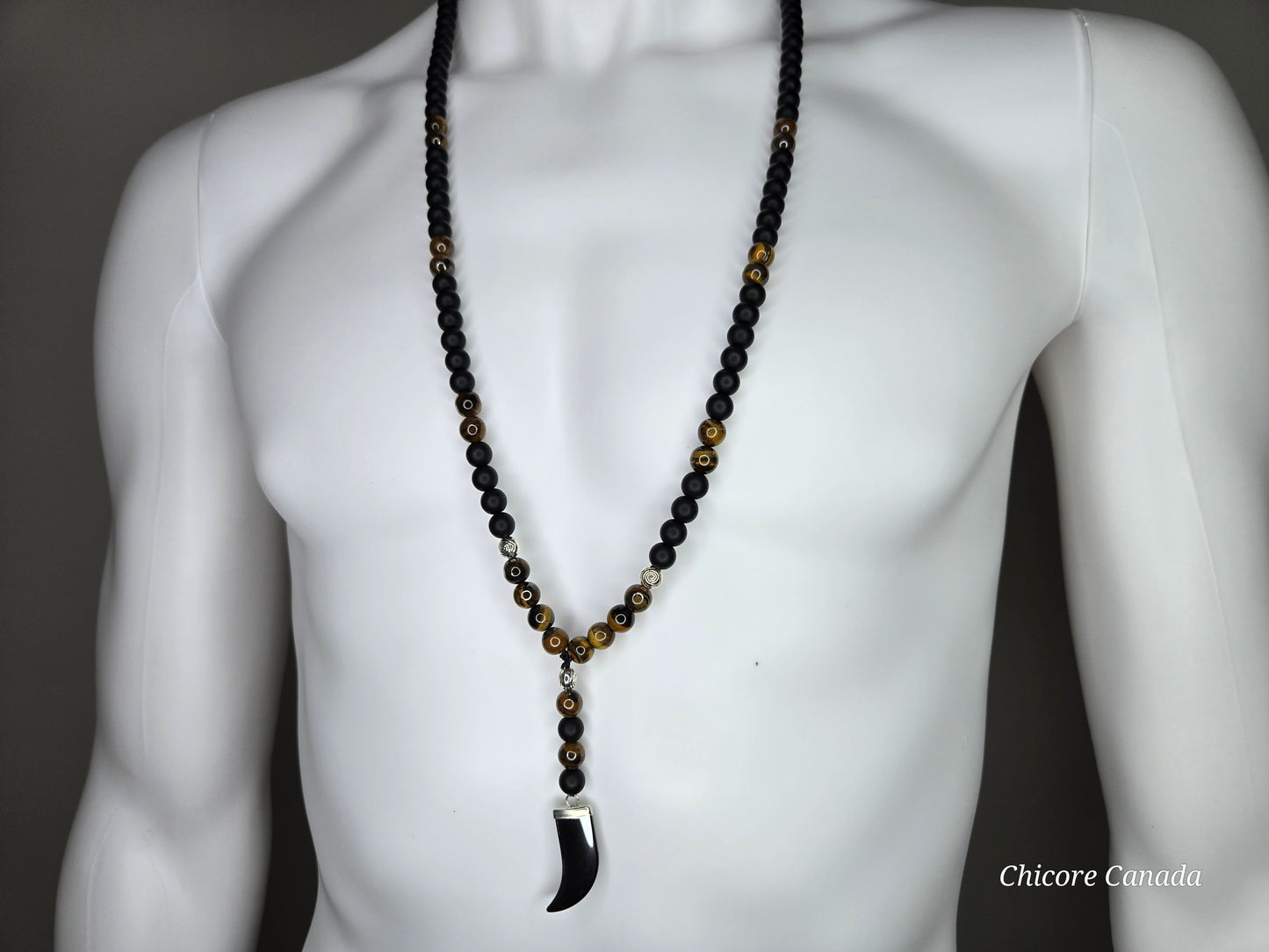 Men’s Protective Necklace with Tiger’s Eye, Onyx Beads & Hematite Fang Pendant
