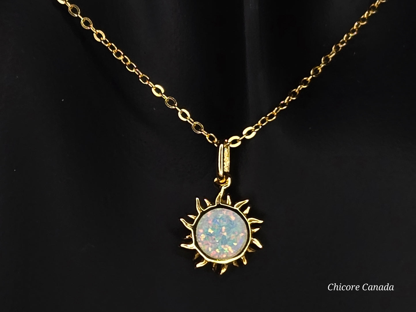 Radiant Glow: 925 Sterling Silver Dainty Opal Sun Pendant with Adjustable Necklace