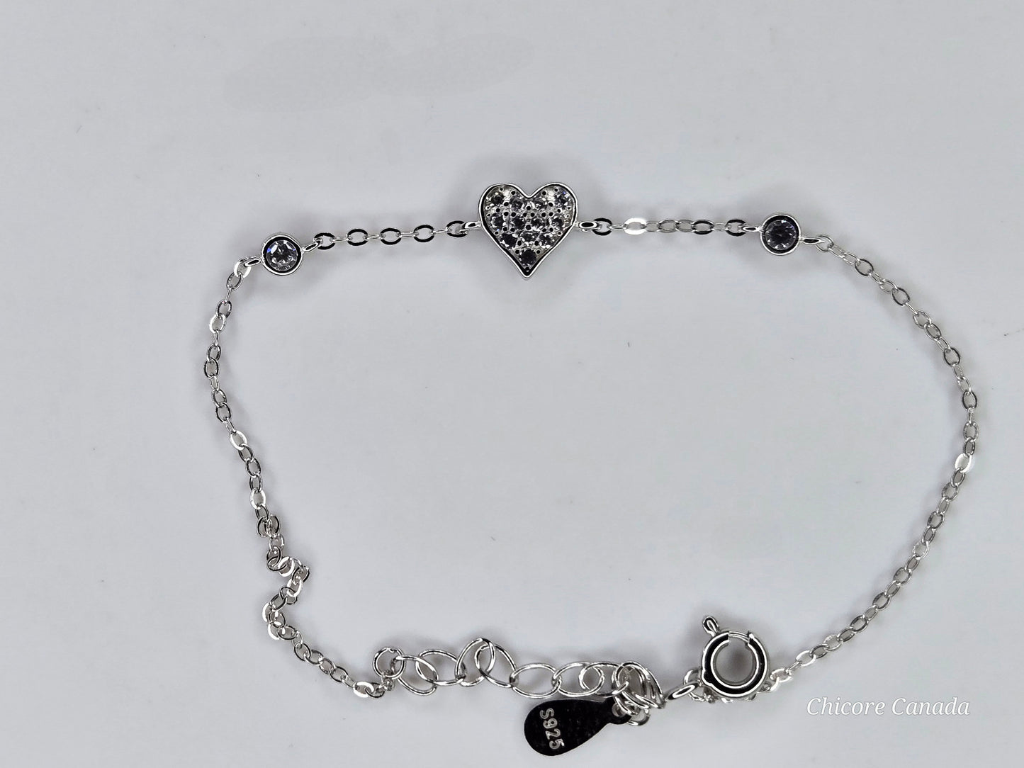 Timeless 925 Sterling Silver Adjustable Bracelet with Heart-Shaped Cubic Zirconia Charm