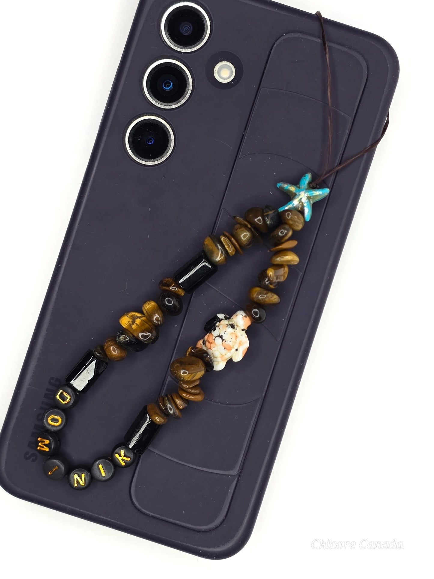 Custom Tiger’s Eye Phone Strap – Personalized Name Charm with Starfish Accent