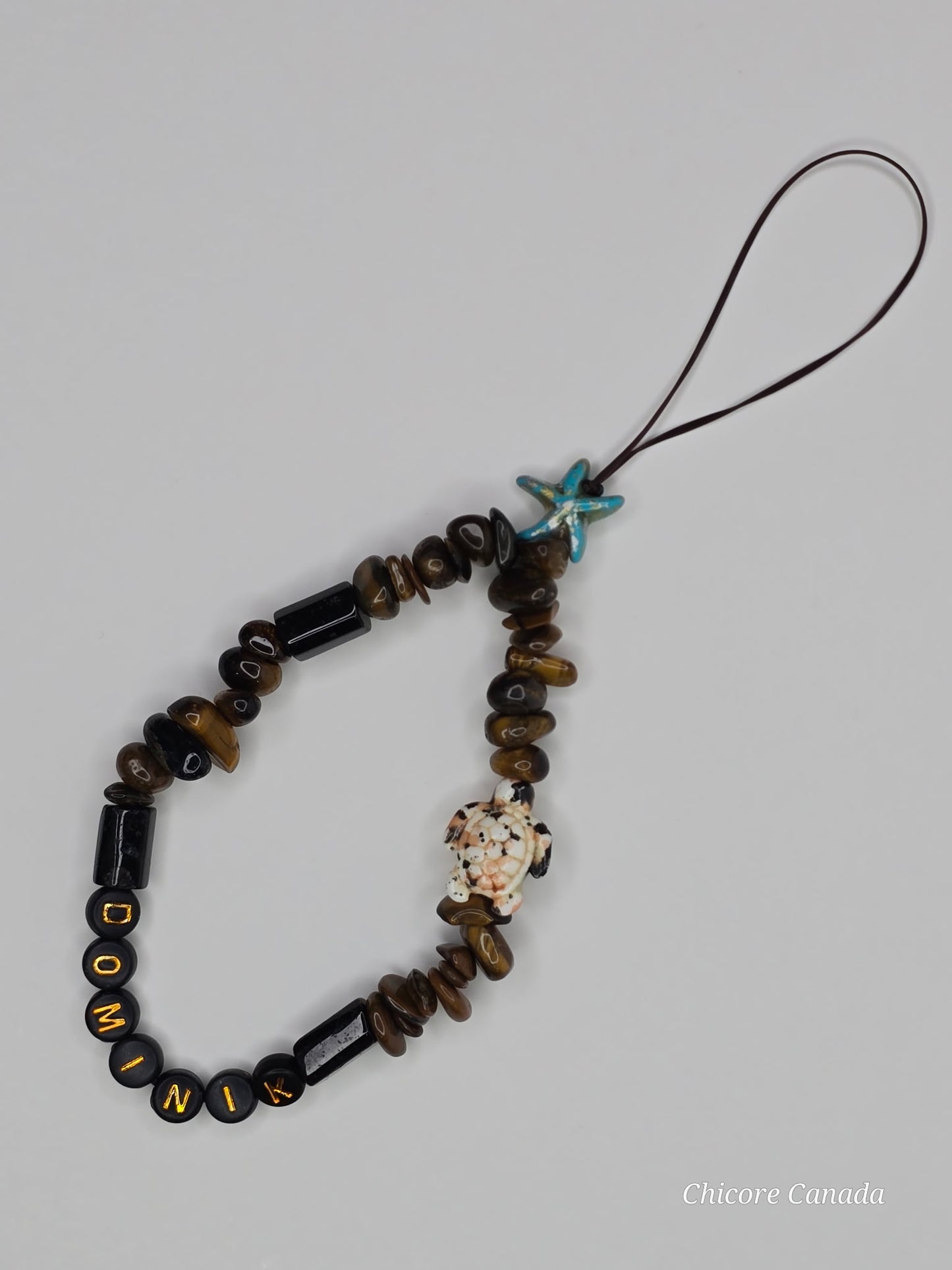 Custom Tiger’s Eye Phone Strap – Personalized Name Charm with Starfish Accent