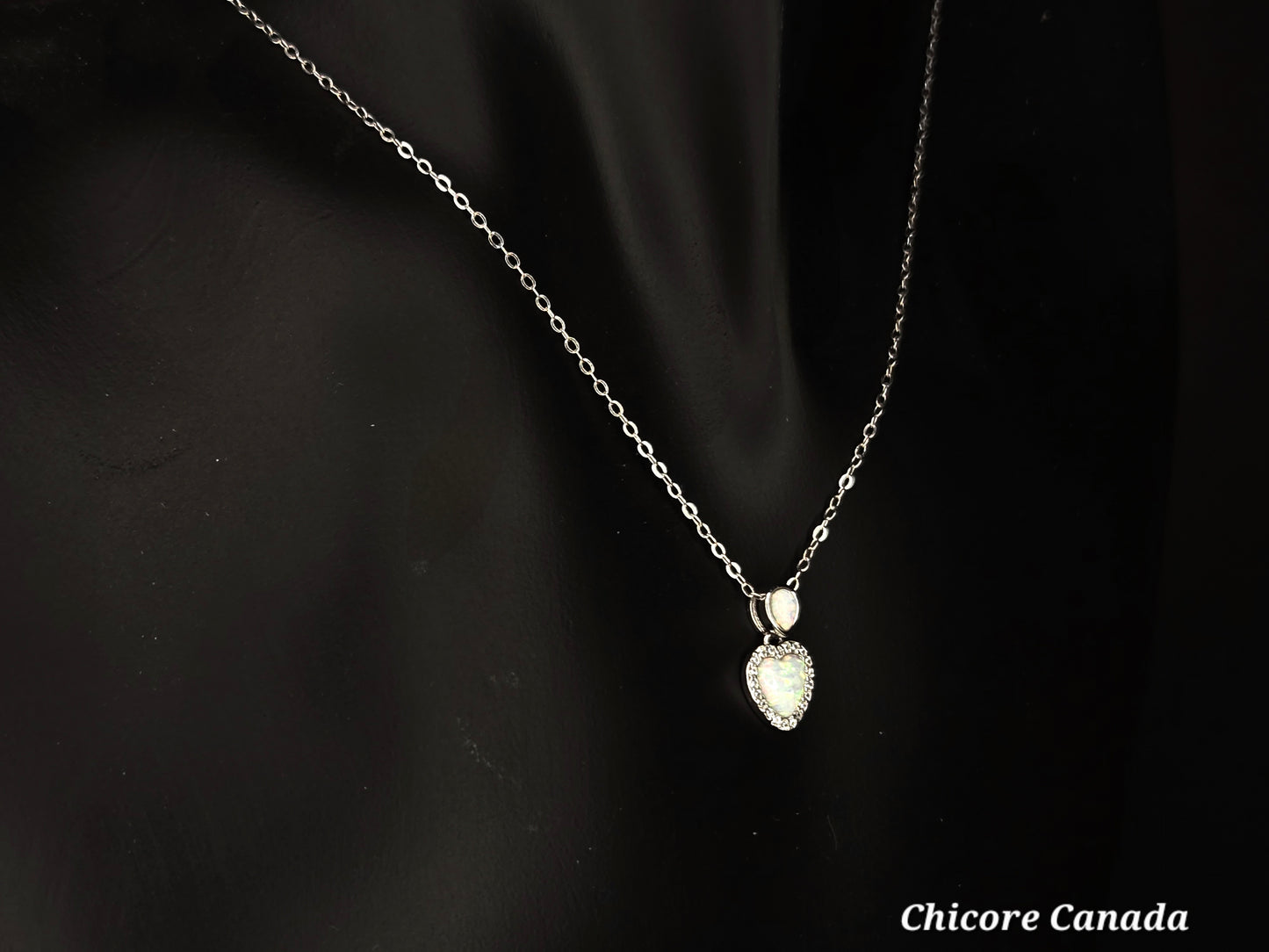 Ethereal Sterling Silver Heart-Shaped Opal Pendant with Adjustable Necklace
