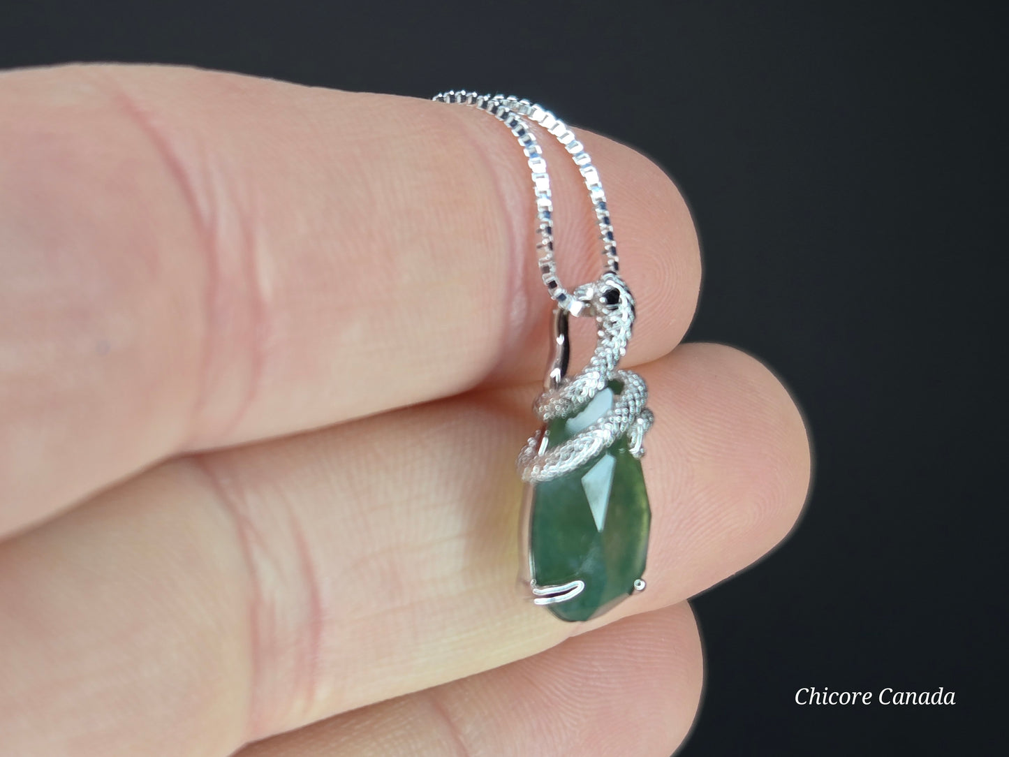 Mystic Serpent – Moss Agate Pendant Wrapped in a Snake Design with 925 Sterling Silver Adjustable Necklace