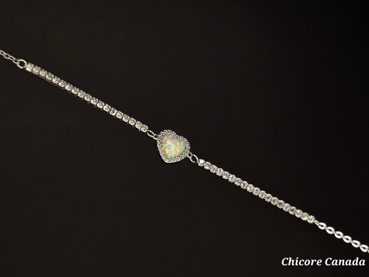 Adjustable Sterling Silver Heart-Shaped Opal Bracelet with Cubic Zirconia – Delicate Elegance & Love