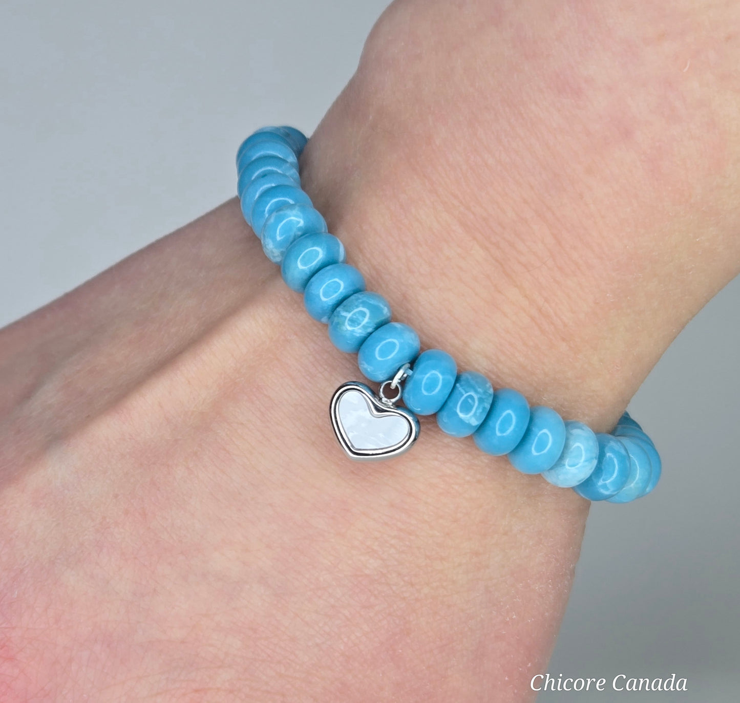 AAA Larimar Bracelet with Stainless Steel Heart Charm – Handmade Elegance