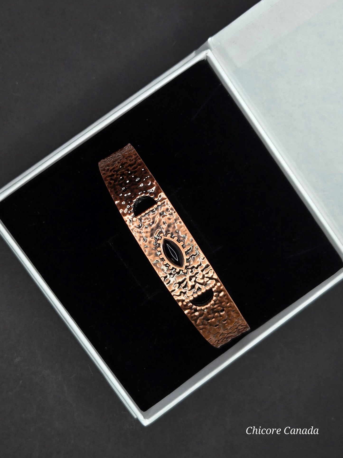 Elegant Hammered Adjustable Copper Cuff with Black Onyx & Magnetic Healing Accents