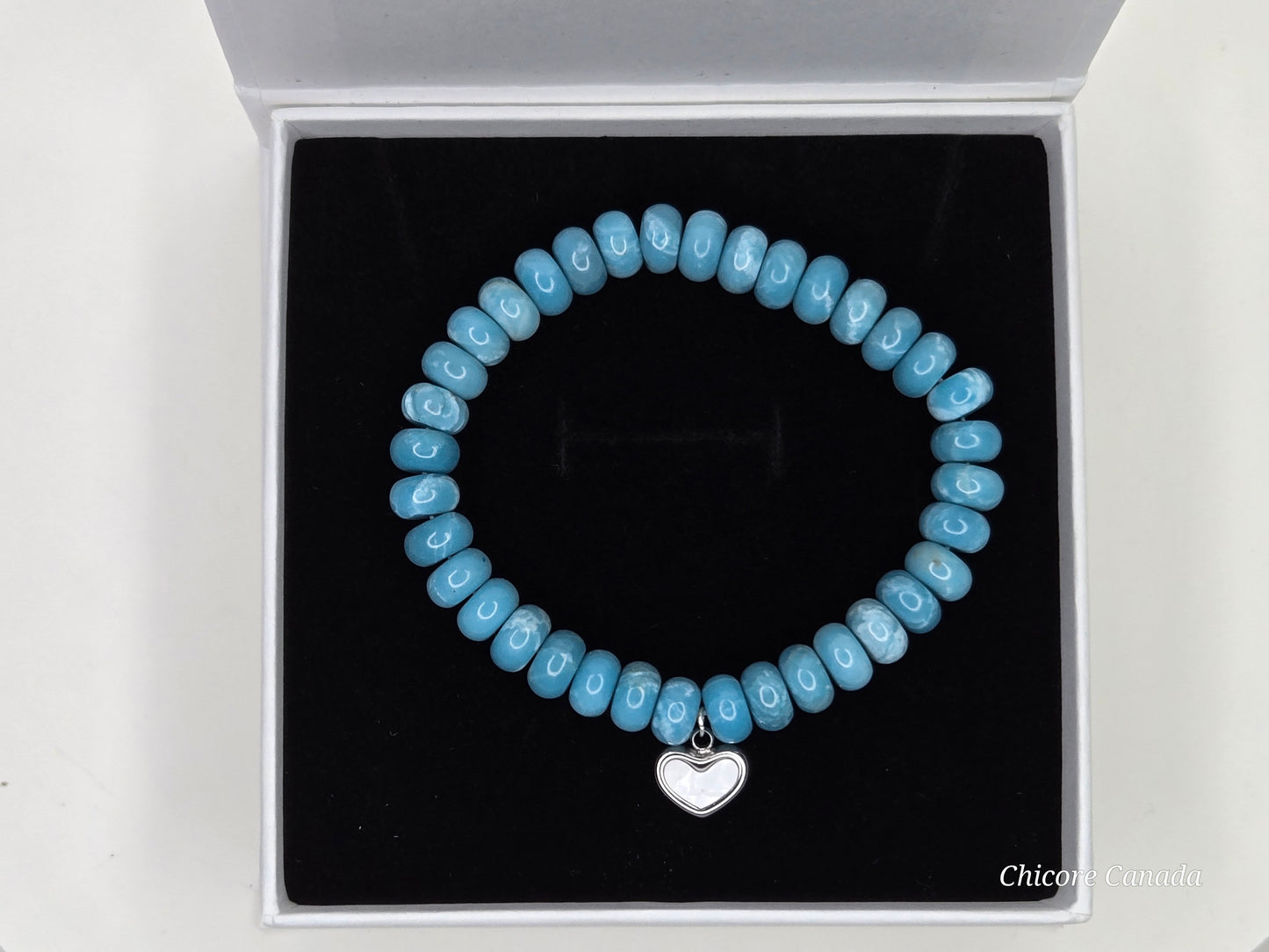 AAA Larimar Bracelet with Stainless Steel Heart Charm – Handmade Elegance