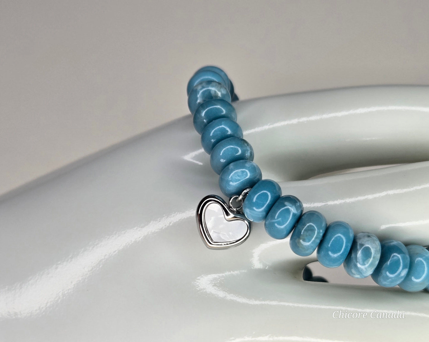 AAA Larimar Bracelet with Stainless Steel Heart Charm – Handmade Elegance
