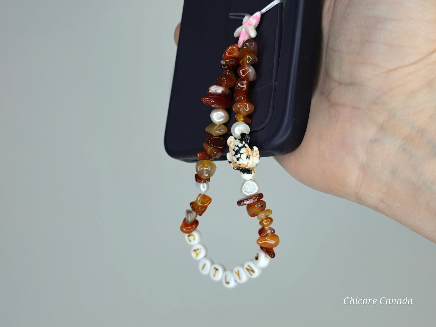 Custom Carnelian Phone Strap – Personalized Name Charm with Starfish Accent