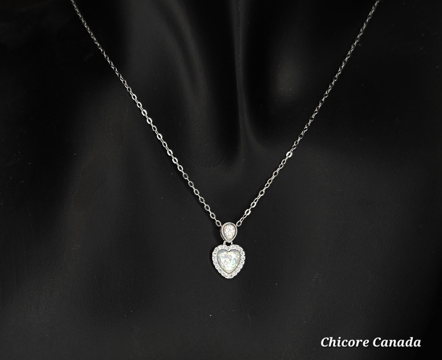 Ethereal Sterling Silver Heart-Shaped Opal Pendant with Adjustable Necklace