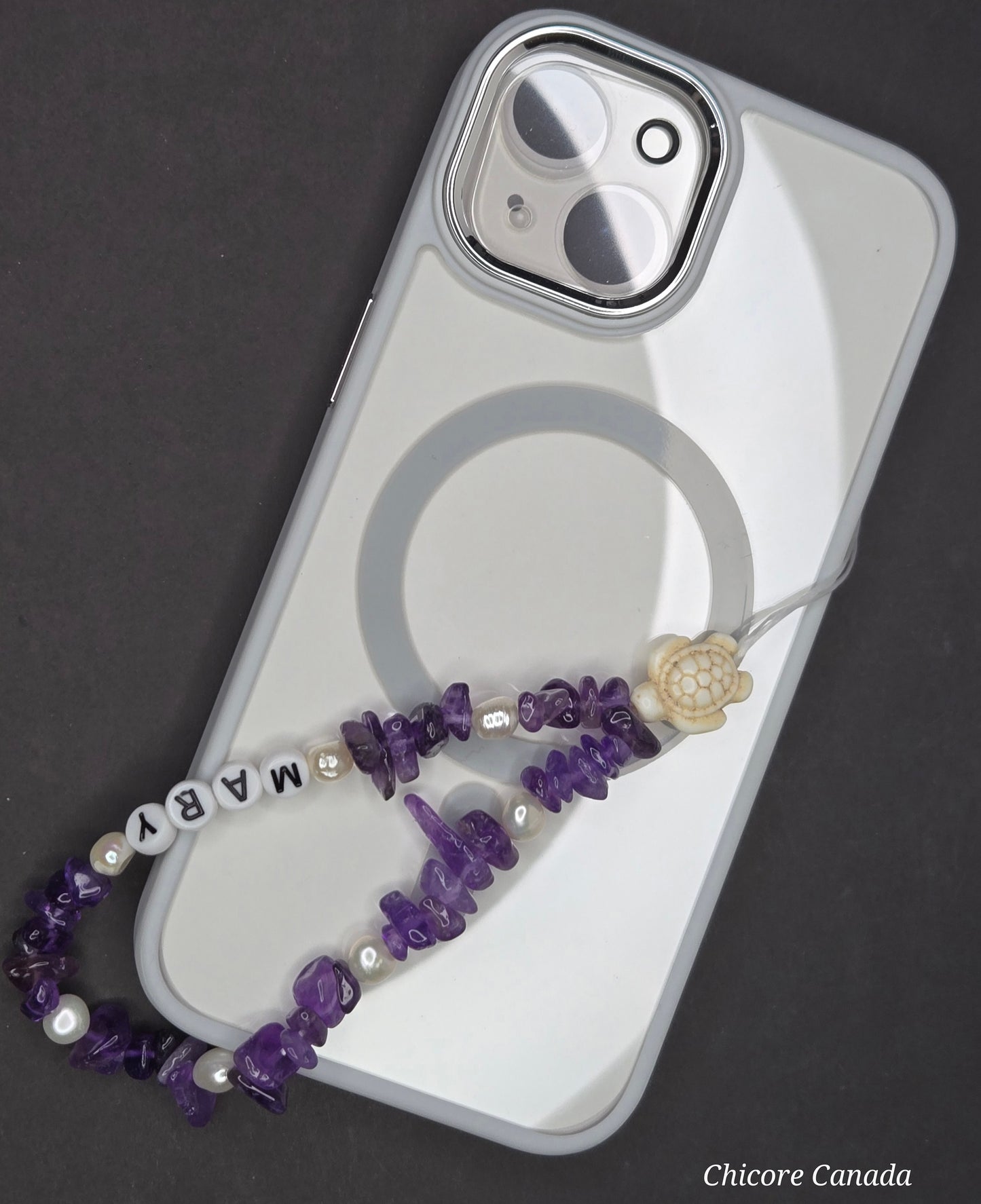 Regal Harmony: Handmade Amethyst & Freshwater Pearls Elastic Phone Strap