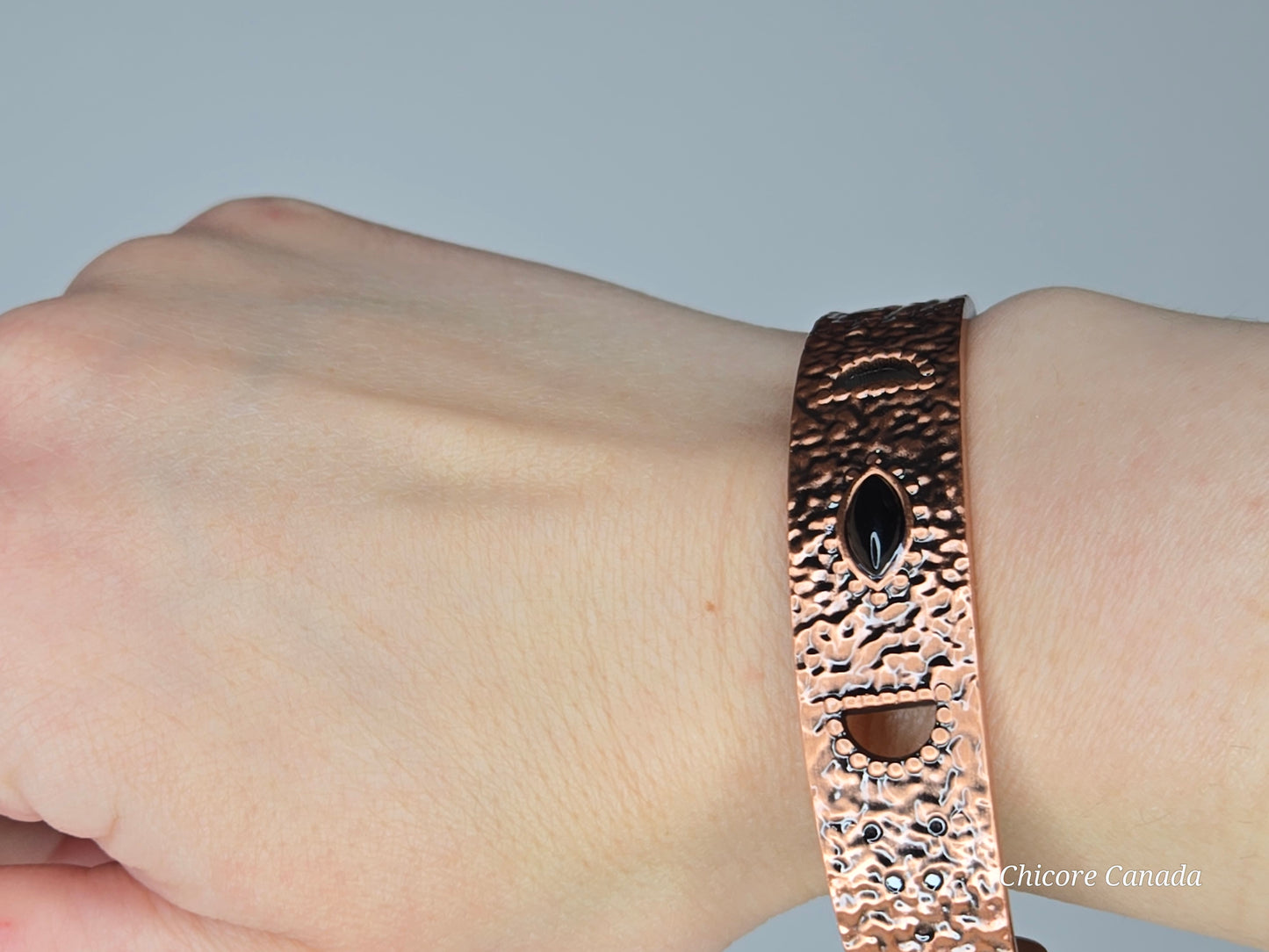 Elegant Hammered Adjustable Copper Cuff with Black Onyx & Magnetic Healing Accents