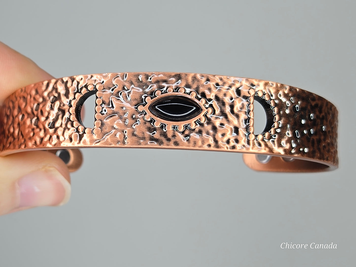 Elegant Hammered Adjustable Copper Cuff with Black Onyx & Magnetic Healing Accents