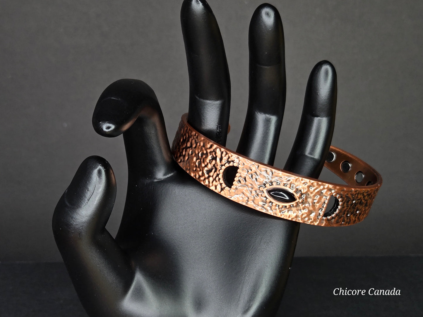 Elegant Hammered Adjustable Copper Cuff with Black Onyx & Magnetic Healing Accents