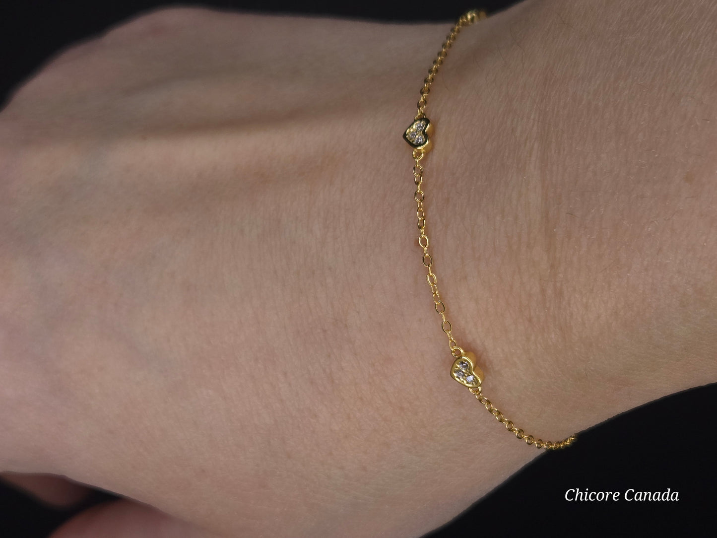 Delicate 925 Sterling Silver Adjustable Bracelet with Three Sparkling Cubic Zirconia Hearts