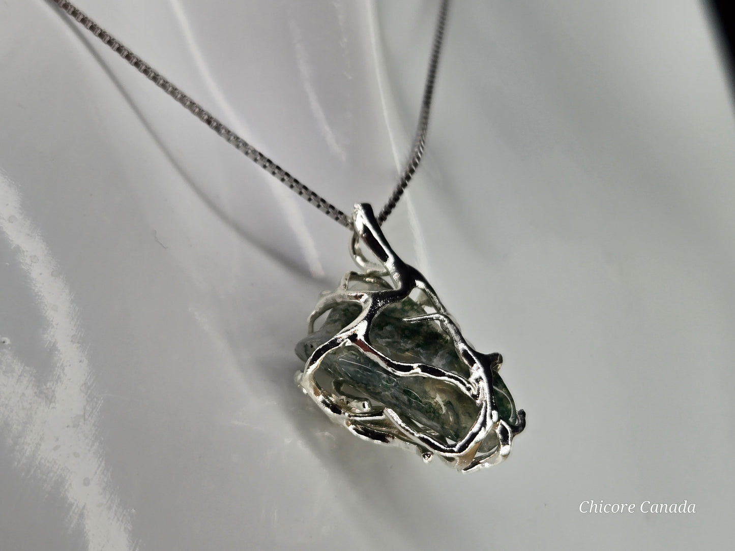 Mystical Handmade Moss Agate Pendant Necklace – Adjustable 925 Sterling Silver