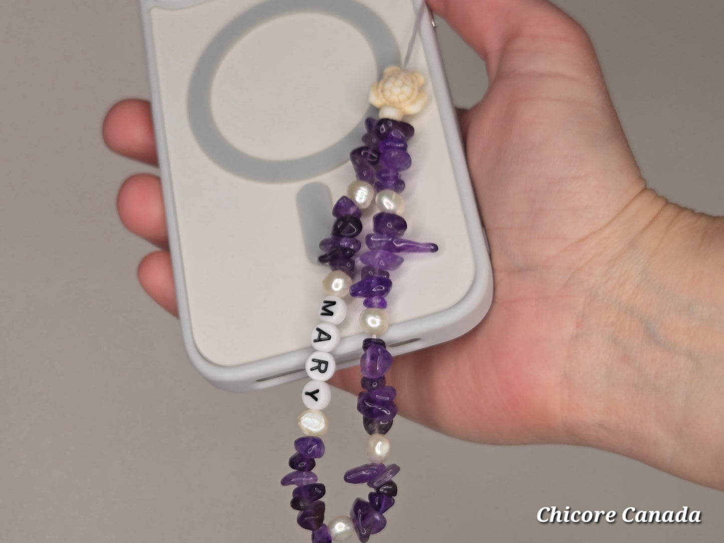 Regal Harmony: Handmade Amethyst & Freshwater Pearls Elastic Phone Strap