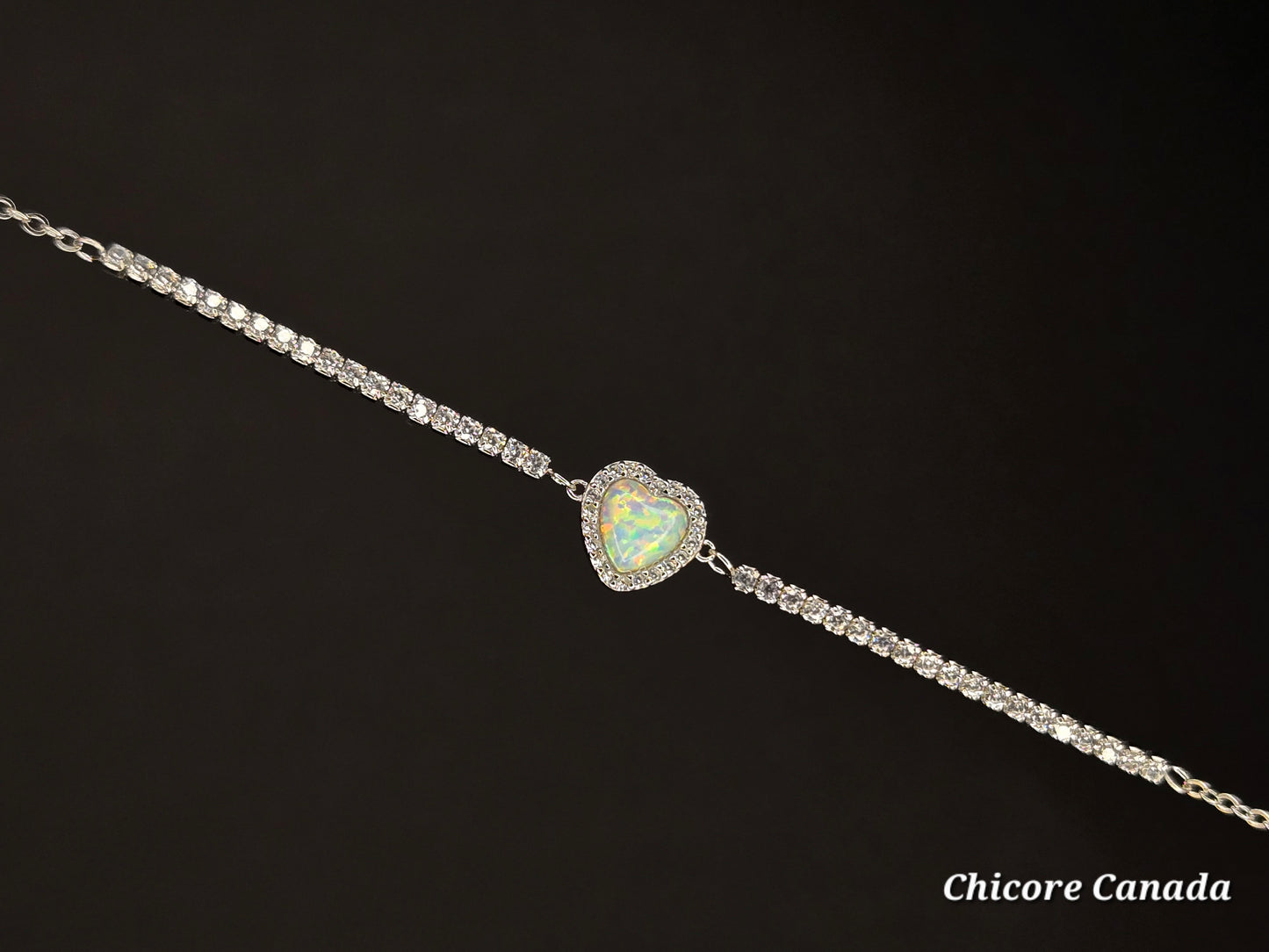 Adjustable Sterling Silver Heart-Shaped Opal Bracelet with Cubic Zirconia – Delicate Elegance & Love