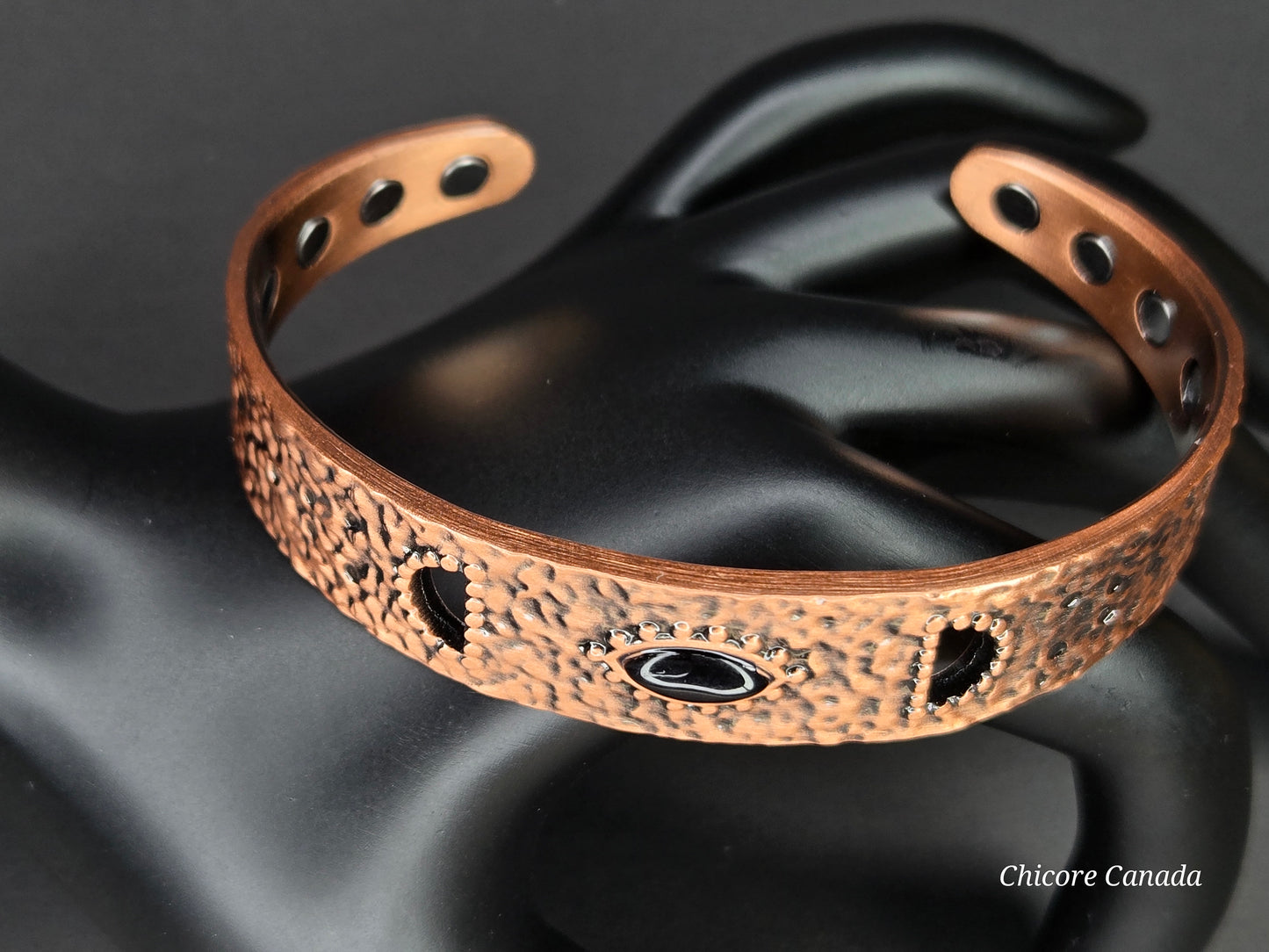 Elegant Hammered Adjustable Copper Cuff with Black Onyx & Magnetic Healing Accents