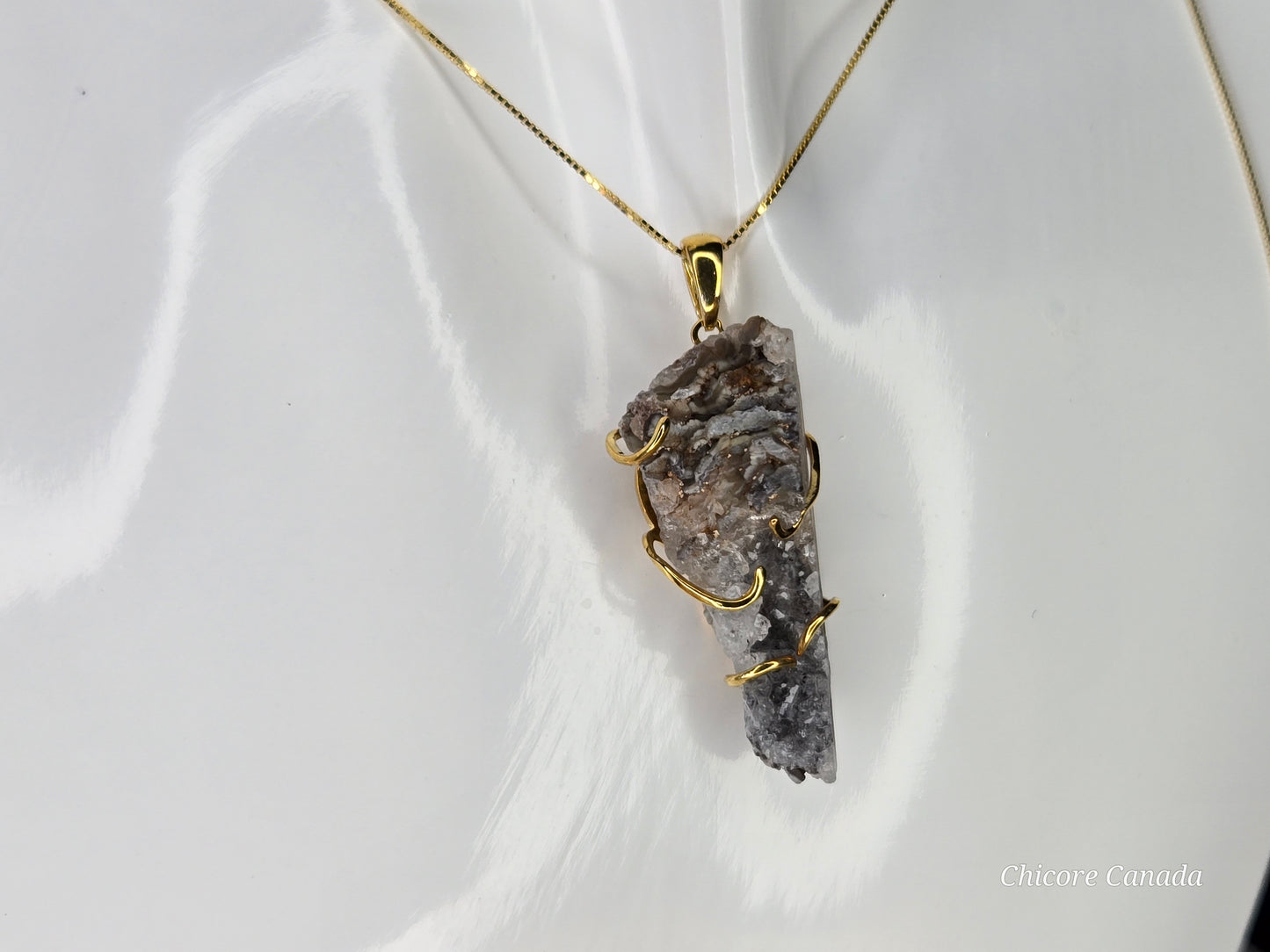 Elegant Agate Geode Pendant in Gold Finish with Adjustable Sterling Silver Necklace