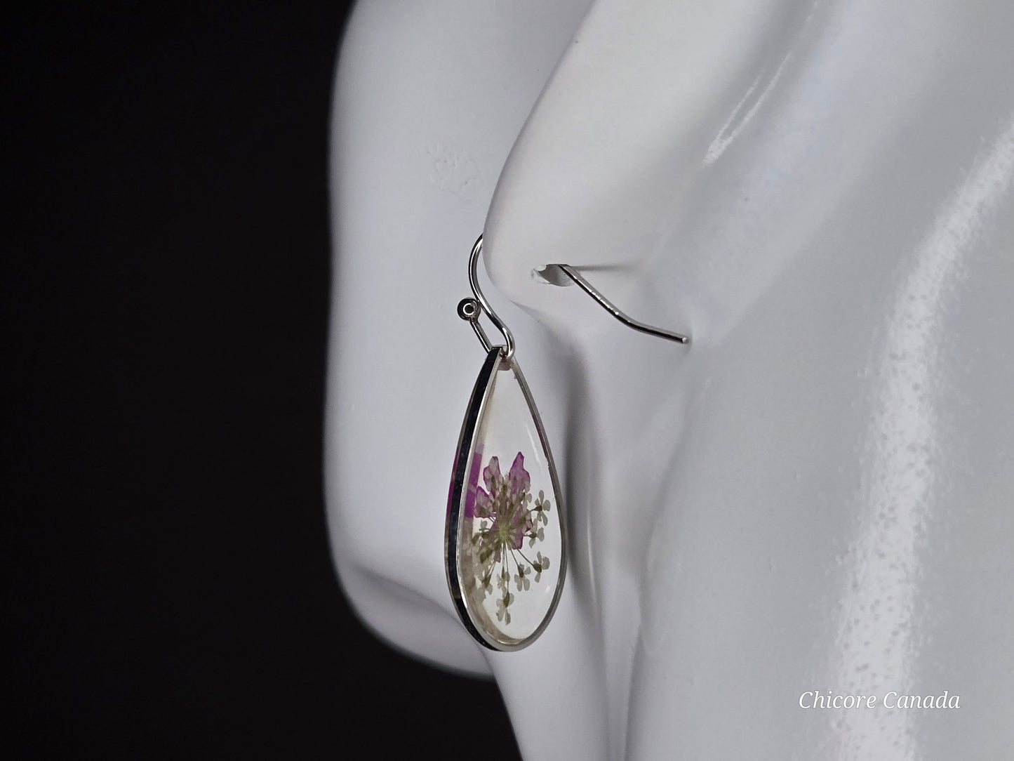 Delicate Resin Drop Earrings with Real Pink and White Flowers