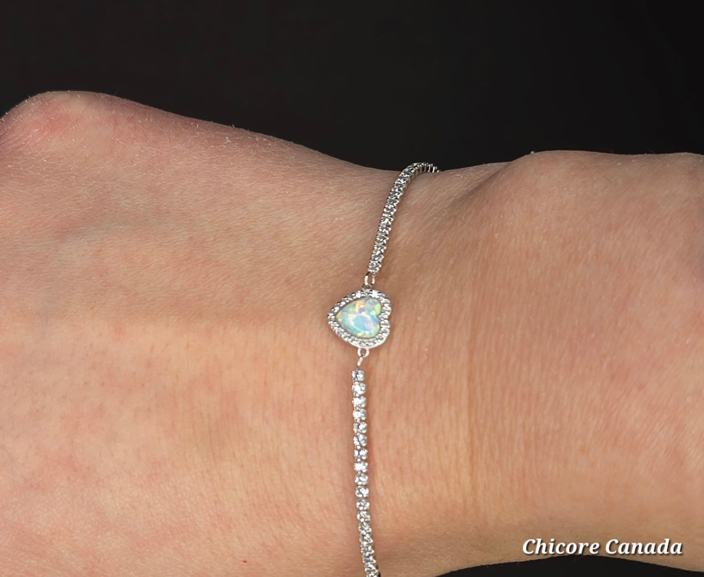 Adjustable Sterling Silver Heart-Shaped Opal Bracelet with Cubic Zirconia – Delicate Elegance & Love