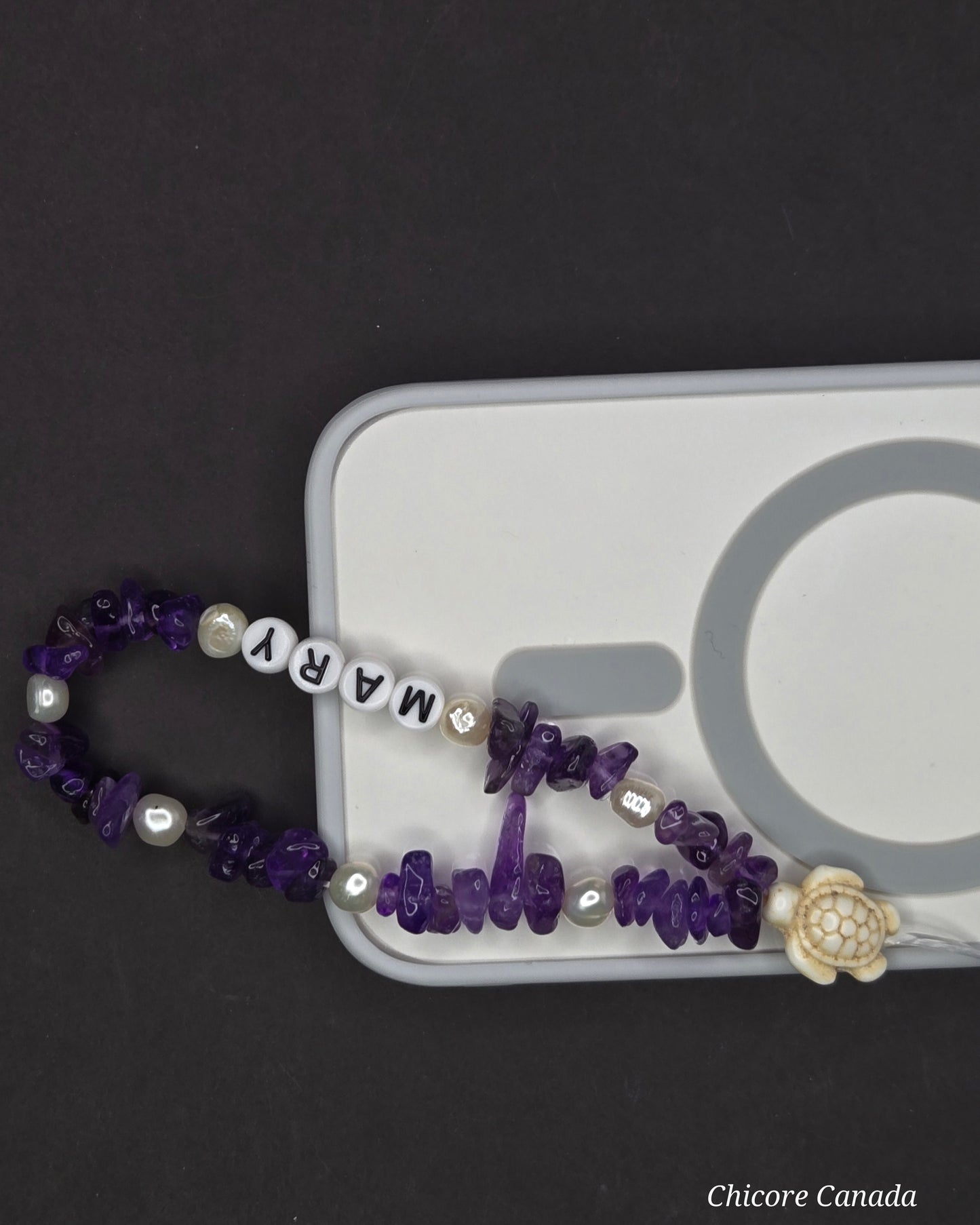 Regal Harmony: Handmade Amethyst & Freshwater Pearls Elastic Phone Strap