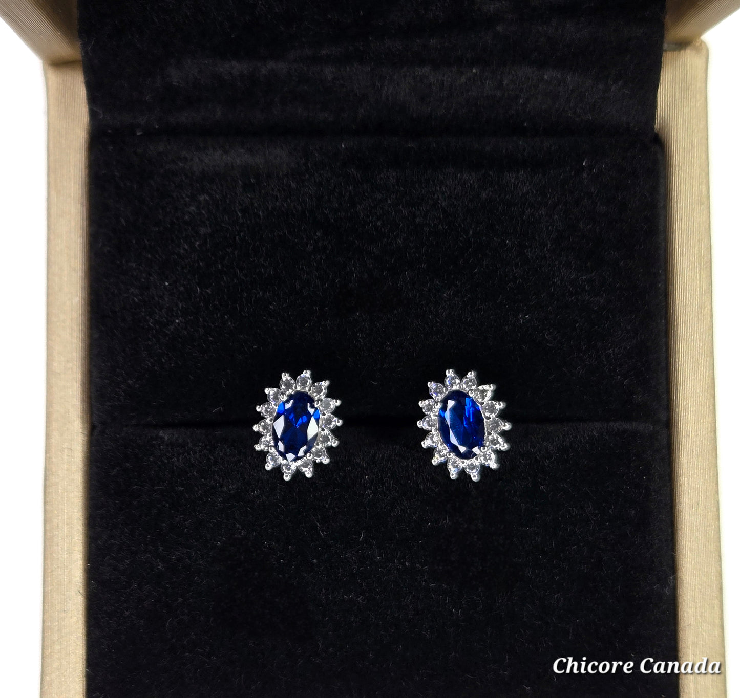 Elegant Royal Blue Sapphire Oval Stud Earrings with Halo of Sparkling Cubic Zirconia
