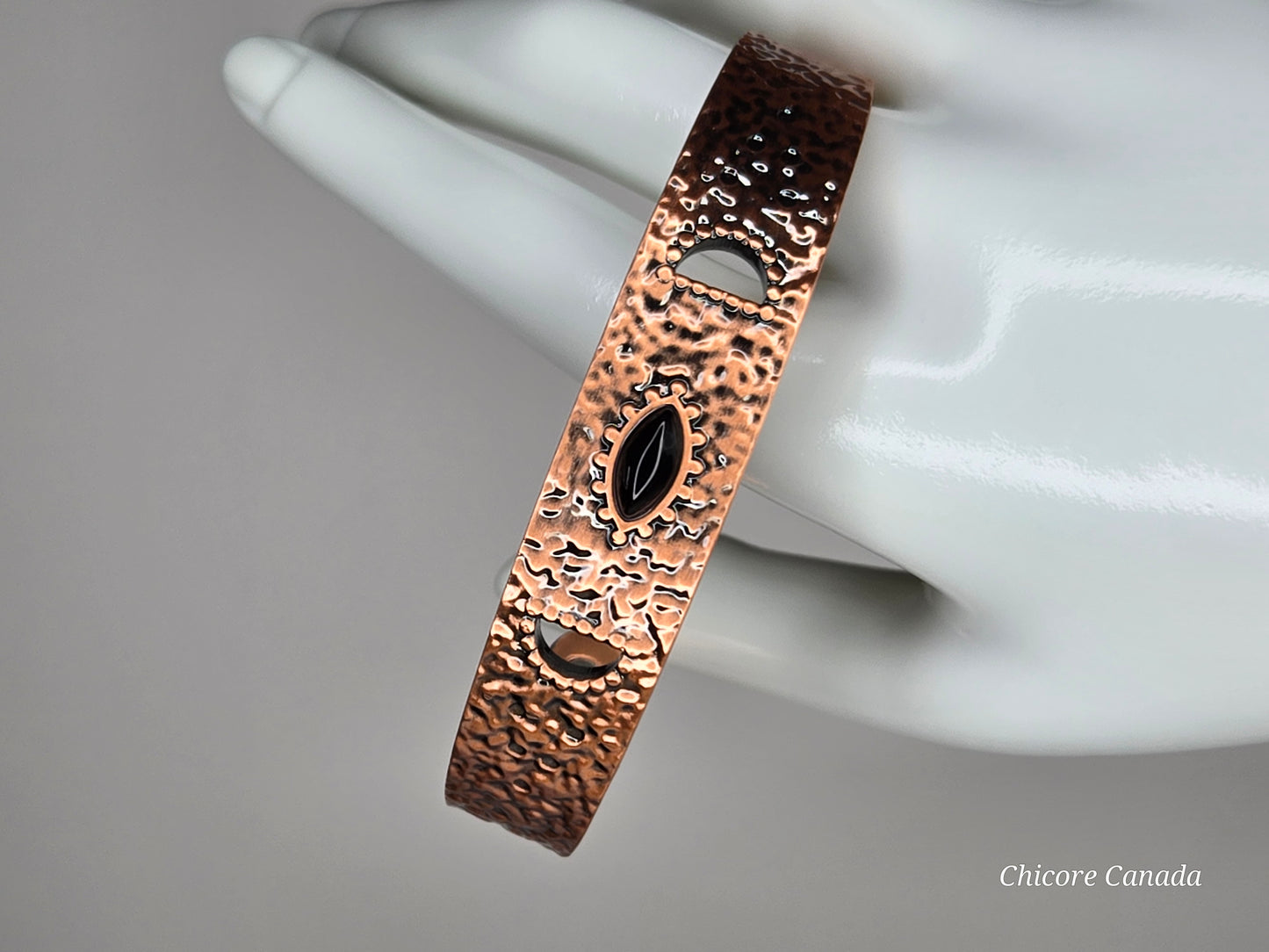 Elegant Hammered Adjustable Copper Cuff with Black Onyx & Magnetic Healing Accents