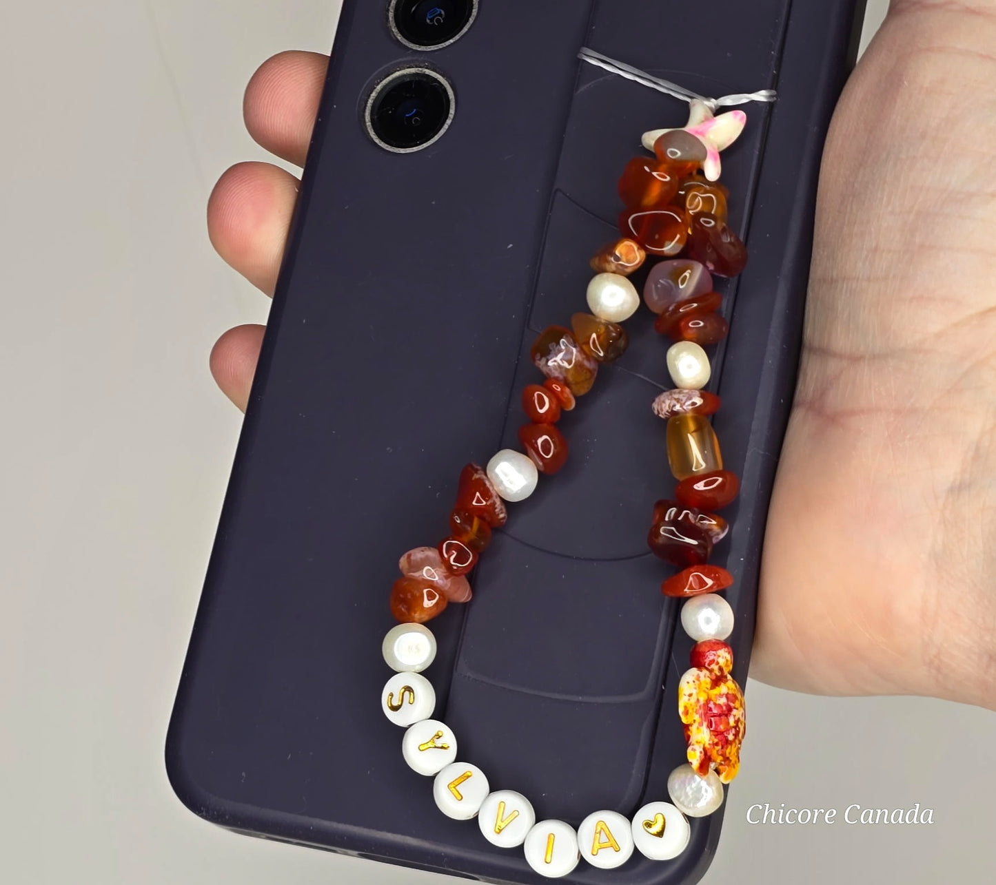 Custom Carnelian Phone Strap – Personalized Name Charm with Starfish Accent