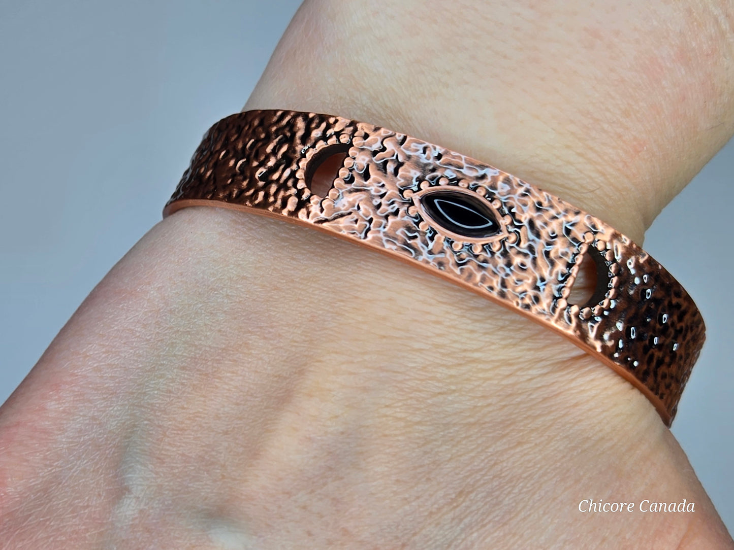 Elegant Hammered Adjustable Copper Cuff with Black Onyx & Magnetic Healing Accents