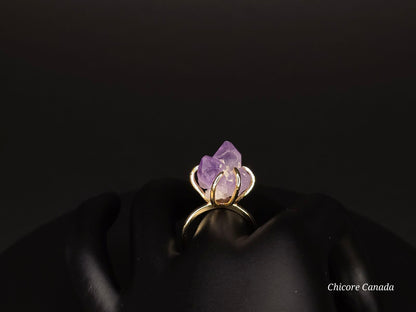 Bague élégante ajustable en améthyste fabriquée à la main