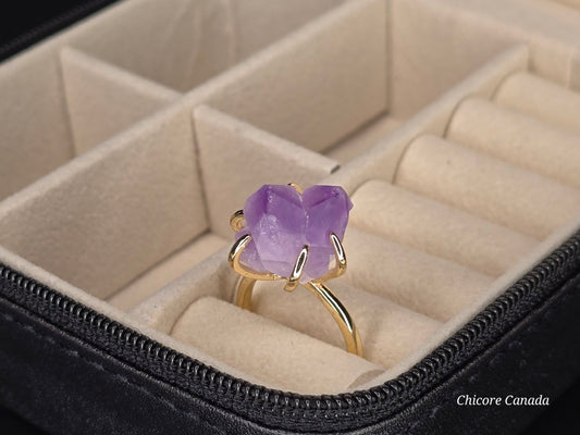 Bague élégante ajustable en améthyste fabriquée à la main